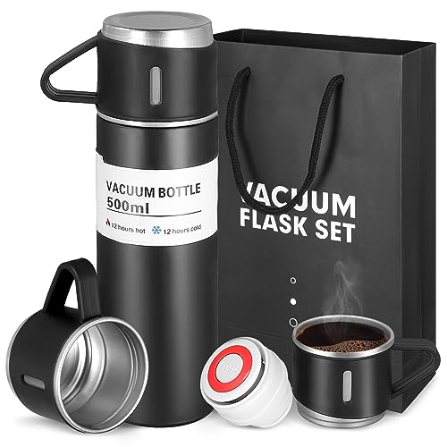 Thermoskanne mit Becher “Follow” - 500ml, Thermosflasche Edelstahl Trinkflasche Geschenk, Isolierflasche mit 3 Trinkbecher, Auslaufsicher Wasserflasche für Kaffee, Tee, hält 6 Stunden Heiß und Kalt von DoeDoefong