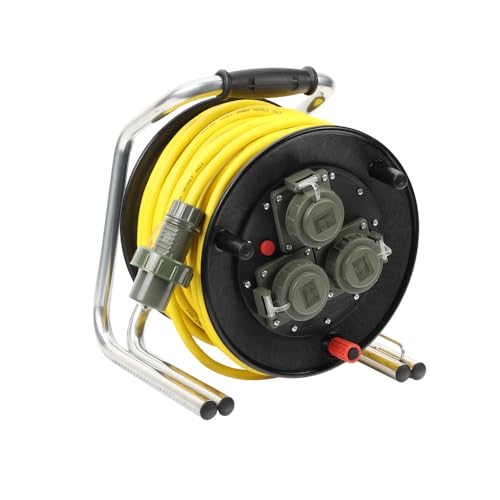 Dönges Leitungsroller Feuerwehr, DIN 14680, 230 V (Kabeltrommel Verlägerungsleitung Vollgummi-Leitungsroller) Eingang: 1 x Stecker Schuko IP68/Ausgang: 3 x Kupplung Schuko IP68/Belastbarkeit: 16 A von Dönges