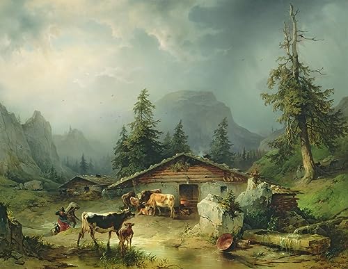 DOeraa Leinwand Bilder Kunstdrucke Leinwand Plakat Berühmtes Gemälde Almhütte bei Regenwetter von Friedrich Gauermann für Wohnzimmer 60x90cm von DoerAa