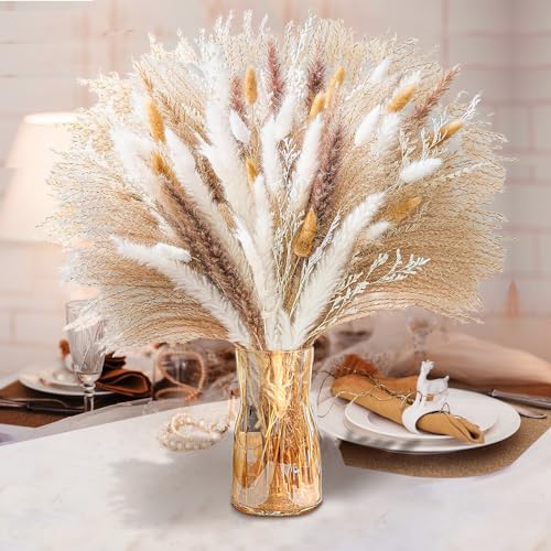 Trockenblumen Set, Doerfeell 100PCS Pampasgras Hasenschwanzgras Getrocknet Natürliche Trockenblumen Deko Pampas Grass DIY Blumenstrauß für Hause Wohnzimmer Badezimmer Tisch Schlafzimmer Hochzeits von Doerfeell