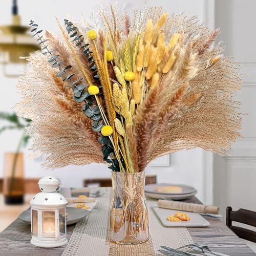 Trockenblumen Set, Doerfeell 102 PCS Pampasgras Hasenschwanzgras Getrocknet Natürliche Trockenblumen Deko Pampas Grass DIY Blumenstrauß für Hause Wohnzimmer Badezimmer Tisch Schlafzimmer Hochzeits von Doerfeell