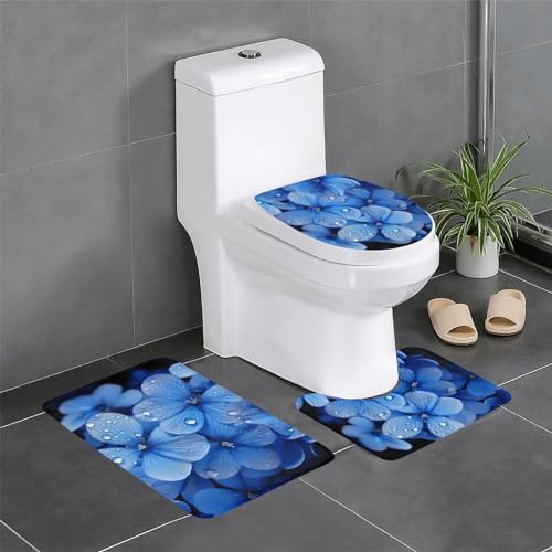 Badezimmerteppich-Set mit blauen Blumen, bedruckt, 3-teilig, mit WC-Bezug, weich, rutschfest, saugfähig, Flanell-WC-Matten für Badezimmer, Teppich-Set, Herbst-Badematten-Set für Küche, Schlafzimmer von Doffo