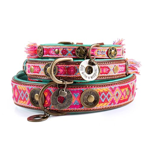 Dog with a Mission - Hundehalsband L | Farbenfroh in Rosa und Türkis | Boho, Ethno, Ibiza, Hippie | Ideal für große Hunde | Handgemacht | Modisch und Bunt | Aus weichem Echtes Leder | 4 cm Breit von Dog with a Mission