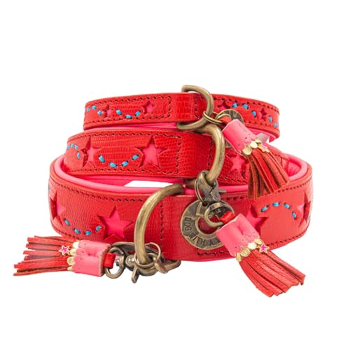 Dog with a Mission DWAM Hundehalsband - Verstellbar - Weichem Leder – Rot – XXS – Leder – Halsumfang zwischen 19–24 x 2 cm – Pink Star von Dog with a Mission