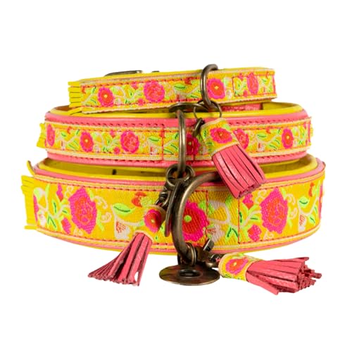 Dog with a Mission - Hundehalsband M | Lotus | Leder Rosa, blau, gelb | Hübsch, Boho, Hippie | Mittelgroße Hunde | Handgemacht | Modisch und Bunt | Weichem Echtes Leder | Luxe | 2,5 cm Breit von Dog with a Mission