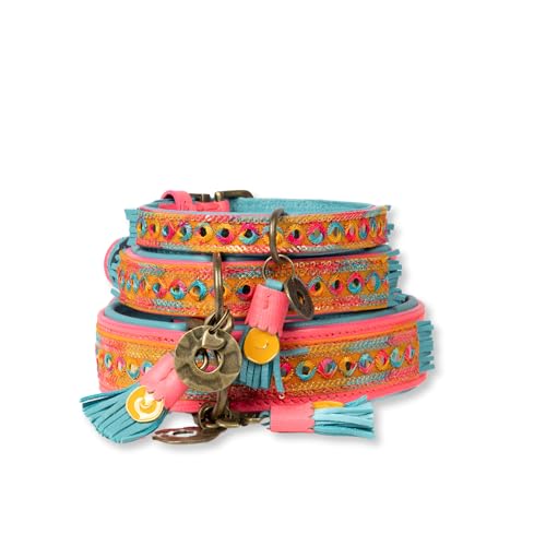 Dog with a Mission - Hundehalsband XL | Indian Summer | Leder Rosa, blau, gelb | Hübsch, Boho, Hippie | Extra große Hunde | Handgemacht | Modisch und Bunt | Aus weichem Leder | Luxe | 4 cm Breit von Dog with a Mission