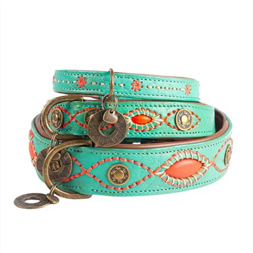 Dog with a Mission - Hundehalsband XL | Türkises Leder, Orange | Hübsch, Boho, Ethno, Urban, Hippie | Extra große Hunde | Handgemacht | Modisch und Bunt | Aus weichem Echtes Leder | Luxe | 4 cm Breit Dog with a Mission - Hundehalsband XL | Türkises Leder, Orange | Hübsch, Boho, Ethno, Urban, Hippie | Extra große Hunde | Handgemacht | Modisch und Bunt | Aus weichem Echtes Leder | Luxe | 4 cm Breit von Dog with a Mission