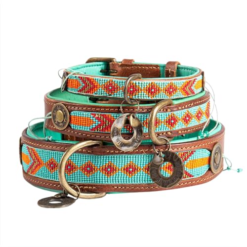 Dog with a Mission - Hundehalsband XXS | Farbenfroh Türkis, Orange mit Perlen | Boho, Ethno,Ibiza, Hippie | Kleine Hunde | Handgemacht | Modisch und Bunt | Aus weichem Echtes Leder | 2cm Breit von Dog with a Mission