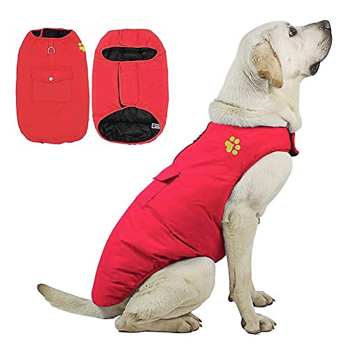 DoggieKit Kosten für kaltes Wetter für Hunde, Wendbare wasserdichte warme Hundejacke Weste Wintermantel mit Tasche und D-Ring, Winddichte Haustier-Baumwollkleidung (Red, L) von DoggieKit