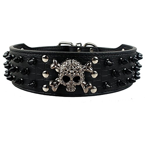 Dogs Kingdom Totenkopf Punk Stil mit Spike-Nieten PU-Leder Halsbänder Pitbull Boxer Mastiff Pet Halsband, L, schwarz von Dogs Kingdom