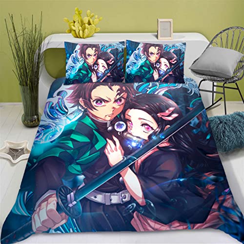 Doiicoon Demon Slayer Bettwäsche 135x200, Anime Bettwäsche-Set, Demon Slayer Bettbezug Für Jugendliche Cartoon Mikrofaser 3D Drucken Bettbezug (15,135 x 200 cm) von Doiicoon