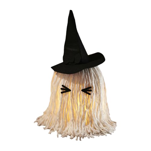 Doiyislem Halloween Geist - Niedliche Beleuchteter Wischmopp Geist Mit Hexenhut | Horror Halloween Dekoration für Kamintische Esstische Gartenbereich Innen Außen von Doiyislem