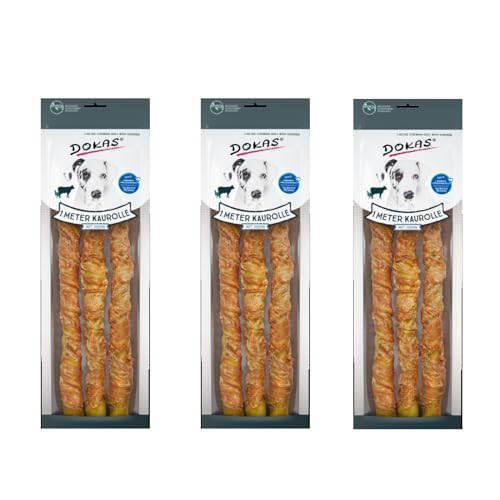 Dokas Dog 1 Meter Kaurolle mit Huhn | 3er Set | 3 x 315 g | Ergänzungsfuttermittel für Hunde | Langzeit-Knabber- und Kauvergnügen aus Rinderhaut mit Hühnerbrustfilet ummantelt von Dokas