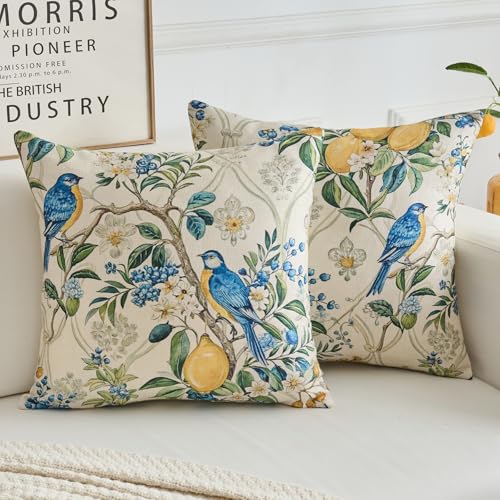 Kissenbezug Blau 40x40cm Kissenbezüge Gelb Zitrone Obst Vogel mit Grüne Blätter Polyester Kissenhülle Sofakissen Couchkissen Frühling Sommer Deko für Wohnzimmer Sofa Garten Terrasse Patio 2er Set von Dokeleen