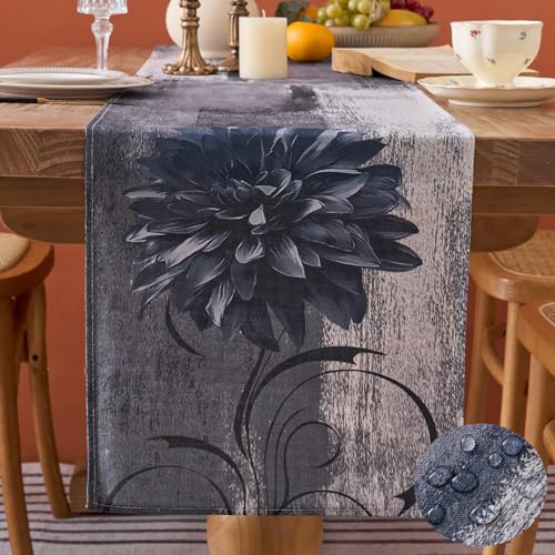 Tischläufer Grau Tischläufer Schwarz Tischläufer mit Blume Tischläufer Outdoor Wetterfest Tischläufer Abwaschbar Rustikales Ölgemälde Dekoration für Küche Kaffee Urlaub Partys Hochzeit 40x140cm von Dokeleen