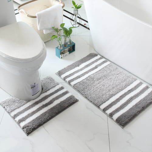 2 Teilig Badematten Set, Ultra Dicker Badteppich Set, Badvorleger Badezimmerteppich, Badezimmerteppich Vorleger Saugfähige rutschfeste Badteppich Waschbar Badvorleger (Dunkelgrau) von Dokeno