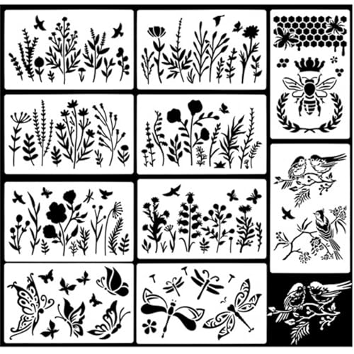 Dokeno 10 Stück Malerei Schablonen Set Blumen Schablone Wildblumen Schablonen Wiederverwendbare Zeichenschablone für Malerei auf Wand Leinwand Möbel DIY Home Decor von Dokeno