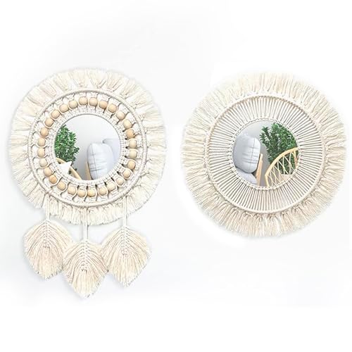 Dokeno 2 Stück Wandspiegel mit Rahmen aus Gewebten Fransen, Makramee Wandspiegel Wandbehang Dekorativer Spiegel Boho Deko Rund Spiegel für Wohnung Schlafzimmer Wohnzimmer Haus Wanddeko von Dokeno