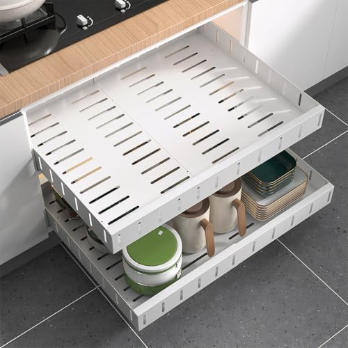 Dokeno 2PCS Teleskopschublade mit Kleber, Ausziehbarer Cabinet Organizer, Breite Verstellbar 32–52 cm, Schubladen für Küchenschränke Erweiterbarer Schrank-Organizer für Küche Badezimmer, Weiß (B) von Dokeno