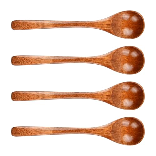 Dokeno 4 Stück Suppenlöffel Set 14,5 cm Natur Holzlöffel Teelöffel Esslöffel Set Zuckerlöffel Servierlöffel Holz Kochlöffel Haferbrei Löffel Dessertlöffel Löffel Set für Honig Kaffee Gewürze Kochen von Dokeno