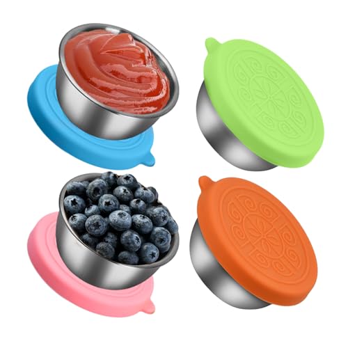 Dokeno 50ml Edelstahl Gewürzbehälter mit Silikon Deckel, 4 Stück Salatdressing Behälter Lebensmittelbehälter Kleine Auslaufsichere Bento Box Zubehör Dip Behälter Wiederverwendbare Mini Saucenbehälter von Dokeno