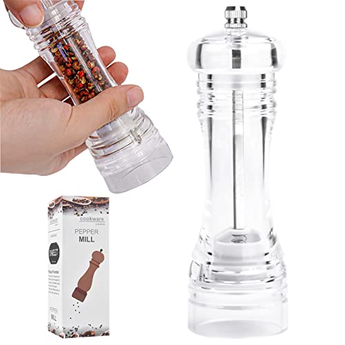 Dokeno Salz und Pfeffermühle, Transparent Gewürz-Mühle Pfeffermühle aus Acryl 16.7CM Pfeffermühle Salzmühle Manuellen mit Einstellbarem Keramikmahlwerk für Gewürze Pfeffer Salz und Chili von Dokeno
