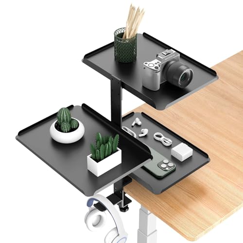 Dokeno Seitenständer Schreibtisch Organizer, 3 Stufen Clamp-On Schreibtisch Regalaufsatz mit Verstellbarem Ablagefach und Kopfhörerständer, für Büro Tisch Schminktisch Zuhause Büro, Schwarz von Dokeno