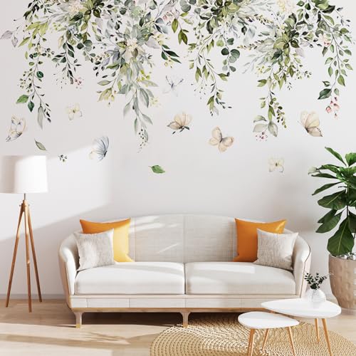 Dokeno Wandtattoo Pflanzen Wandsticker, Wandaufkleber Hängende Rebe Grüne Blätter Blumen Schmetterlinge, Wanddeko Wandsticker Pflanzen Selbstklebend für Wohnzimmer Schlafzimmer von Dokeno