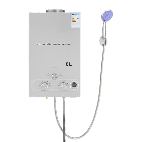 16KW Gas Durchlauferhitzer, Durchlauferhitzer mit LPG-Betrieb, Instant Heißwasserbereiter mit Duschkopf und Duschschlauch, 0,15bar Startwasserdruck, für Campingplätze, Wohnwagen, Mobilheime (8L) von Dokiiovo