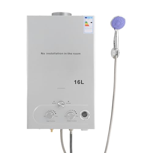32KW Gas Durchlauferhitzer, Durchlauferhitzer mit LPG-Betrieb, Instant Heißwasserbereiter mit Duschkopf und Duschschlauch, 0,15bar Startwasserdruck, für Campingplätze, Wohnwagen, Mobilheime (16L) von Dokiiovo