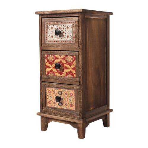 Dokiiovo 3-Stufiger Vintage-Aufbewahrungsschrank Schmal, Kommode mit 3 Schubladen, Retro Holz Lagerschrank für Wohnzimmer, Schlafzimmer, Büro, 30x30x63 cm (Braun+Bunt) von Dokiiovo