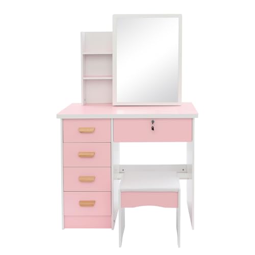 Dokiiovo Schminktisch mit Spiegel, Kosmetiktisch mit Hocker, Schminktisch mit 5 Schubladen 3 Offenen Fächern 3 Versteckten Fächern, Frisiertisch für Wohnung, Studio, 80×35×128 cm (Rosa) von Dokiiovo