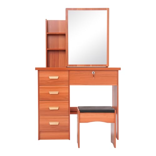 Dokiiovo Schminktisch mit Spiegel, Kosmetiktisch mit Hocker, Schminktisch mit 5 Schubladen 3 Offenen Fächern 3 Versteckten Fächern, Frisiertisch für Wohnung, Studio, 80×35×128 cm (Rotbraun) von Dokiiovo