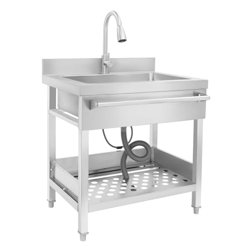 Freistehende Edelstahl Spültisch, Gewerbliche Küchenspüle mit 360° Wasserhahn, Edelstahlspüle 1 Becken mit Warm- und Kaltwasserleitung und Abflussrohr, für Restaurant, Garage, Garten (Schwarz) von Dokiiovo