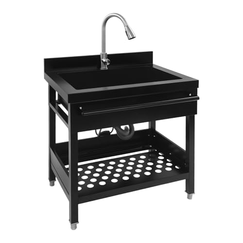 Freistehende Edelstahl Spültisch, Gewerbliche Küchenspüle mit 360° Wasserhahn, Edelstahlspüle 1 Becken mit Warm- und Kaltwasserleitung und Abflussrohr, für Restaurant, Garage, Garten (Silber) von Dokiiovo