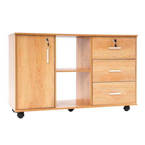Rollcontainer Abschließbar, Mobiler Aktenschrank mit 3 Schubladen 1 Schrankteil 2 Offenen Fächer, Büroschrank mit Rollen, für zu Hause, Arbeitszimmer, 90x34x59 cm (Holzfarbe) von Dokiiovo