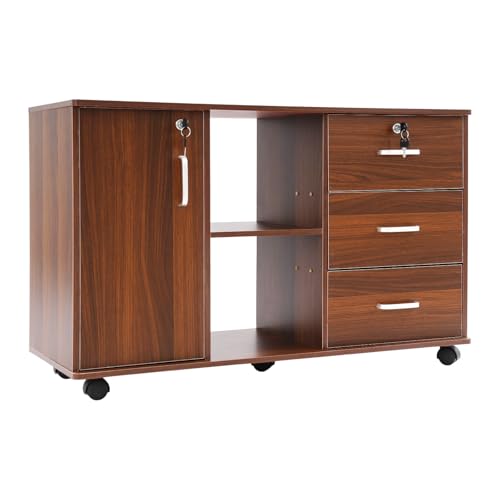Rollcontainer Abschließbar, Mobiler Aktenschrank mit 3 Schubladen 1 Schrankteil 2 Offenen Fächer, Büroschrank mit Rollen, für zu Hause, Arbeitszimmer, 90x34x59 cm (Schwarze Eiche) von Dokiiovo