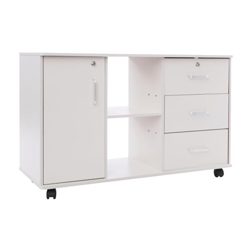 Rollcontainer Abschließbar, Mobiler Aktenschrank mit 3 Schubladen 1 Schrankteil 2 Offenen Fächer, Büroschrank mit Rollen, für zu Hause, Arbeitszimmer, 90x34x59 cm (Weiß) von Dokiiovo