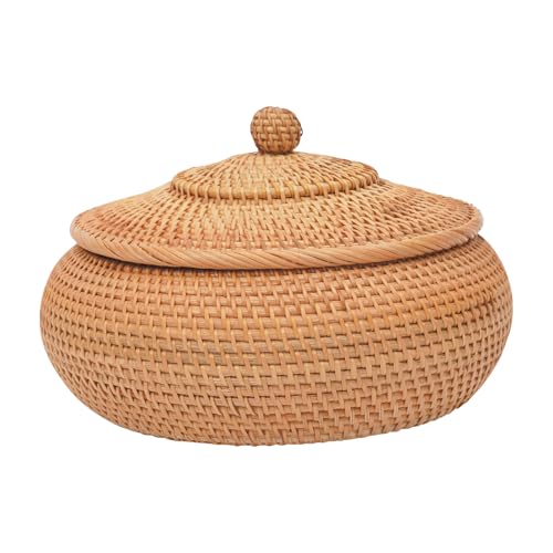 Runder Rattan Aufbewahrungskorb, Handgewebter Rattan-Boxen mit Deckel, Natürlicher Rattankorb für Obst, Brot, Snacks, Schlüssel, Schmuck (B-28x13 cm) von Dokiiovo