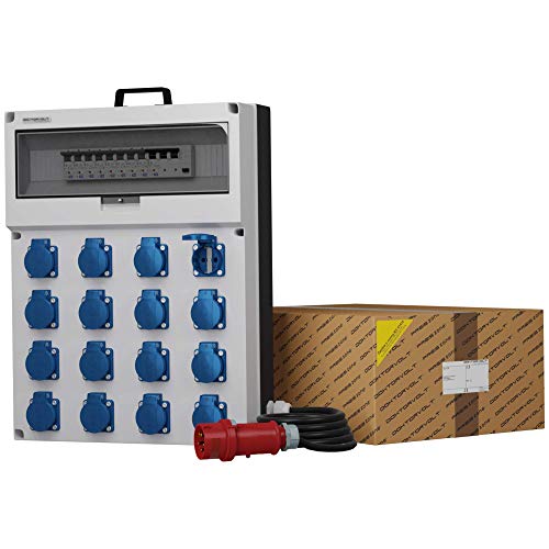 Dokorvolt Stromverteiler mit Steckdosen 16x 230V Schuko, 8x LS-Schalter C16A VDE, 1x RCCB FI-Schalter 40A, Kabel mit CEE Stecker 32A Baustromverteiler Wandverteiler komplett verdrahtet IP44 von Doktorvolt