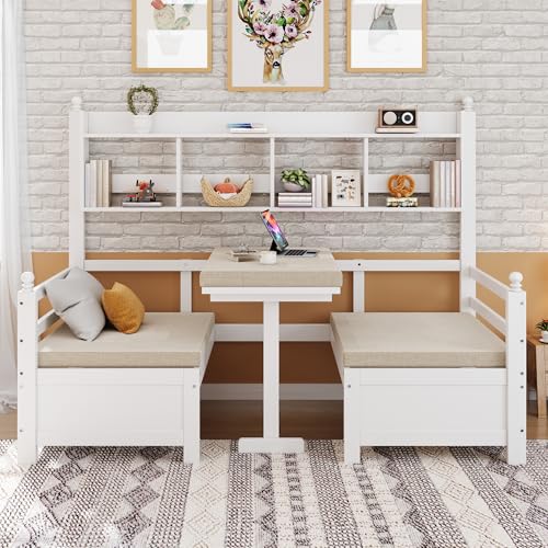Dolamaní 2-in-1 Bett 90 x200 cm Ausziehbar zum Sofa mit Schreibtisch, Tagesbett mit Regal und 3 Kissen, Kiefer Holz, Gästebett/Einzelbett (Weiß) von Dolamaní