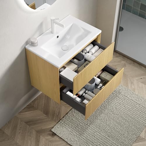 Dolamaní Badezimmer Badmöbel 60 cm Weißes Rechteckigem Waschbecken incl. Unterschrank Hängeschrank, Gestreifter Sperrholz Schrank mit 2 Schubladen, Goldene Eiche Holzmaserung (60 cm) von Dolamaní