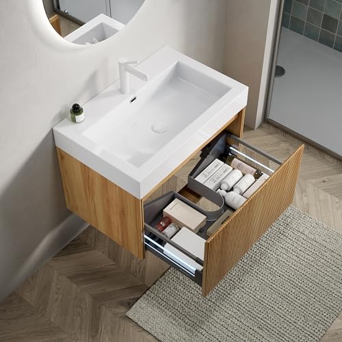 Dolamaní Badezimmer Waschbecken incl. Unterschrank 70 cm, weißem Rechteckigem Resin-Integralbecken, Gestreiftem Sperrholz Schrank mit eine Schublade, Natürliche Holzmaserung (A) von Dolamaní