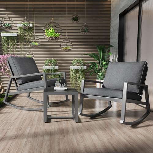 Dolamaní Balkonmöbel Kleiner Balkon Lounge Klein Set 3 Teilig, Sitzecke 2 Schaukelstühle mit Glas-Couchtisch & dicken Kissen, Terrassenmöbel Gartenmöbel außen (Grau) von Dolamaní