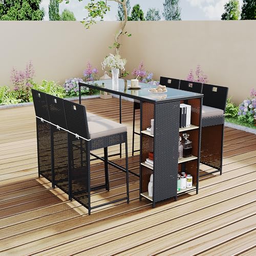 Dolamaní Balkonmöbel Kleiner Bistrotisch, Gartenbar Set 6 Personen mit 6 Stühlen und Tischplatte aus gehärtetem Glas, Polyrattan Gartenmöbel Set mit Kissen (Schwarz-Dunkelbraun-Mix) von Dolamaní
