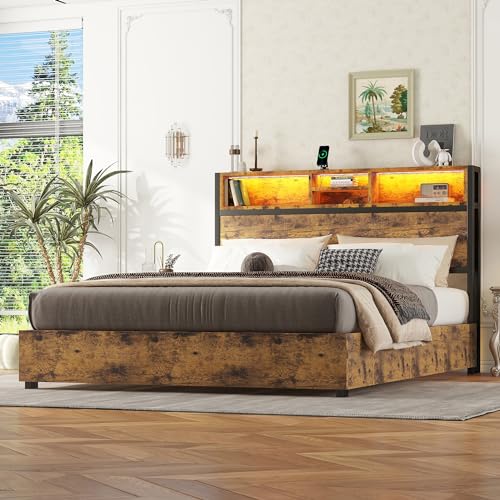 Dolamaní Boxspringbett 140x200 cm mit Stauraum Bettkasten Braun, Doppelbett Modern Massivholzbett mit Metall Bettgestell, Polsterbett mit Lattenrost & Regal Kopfteil von Dolamaní
