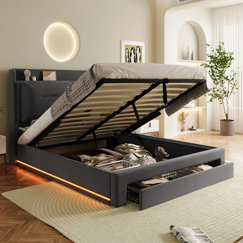 Dolamaní Boxspringbett 160x200 cm mit Bettkasten, Polsterbett Doppelbett mit Stauraum, Bett mit Schubladen, Bettgestell Metall mit Lattenrost, Kopfteil mit Ablagefach, Samt, Dunkelgrau von Dolamaní