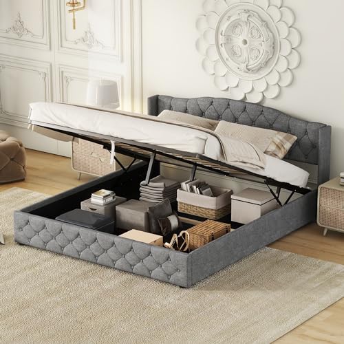 Dolamaní Boxspringbett 180x200 mit Bettkasten, Doppelbett mit Hydraulischer Stauraum, Bett mit Lattenrost & Binaurales Design Kopfteil, Multifunktionales Polsterbett (Grau) von Dolamaní