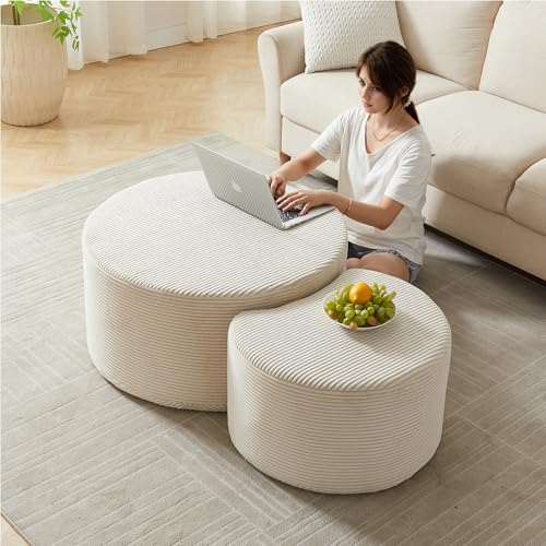 Dolamaní Couchtisch 2er Set Rund, Pure Foam Installation-Free, Fabric, Beistelltisch, Ottoman Wohnzimmer Heimbüro (Beige) von Dolamaní