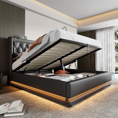 Dolamaní Doppelbett 140x200 cm Modern mit Stauraum, Boxspringbett mit Bettkasten Polsterbett, Polster Kopfteil, Funktionsbett, Stauraumbett, Schwarz-PU von Dolamaní